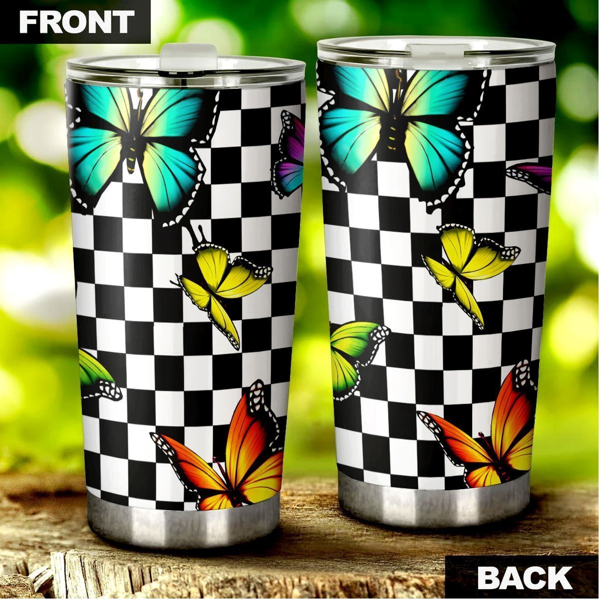 Checkerboard Butterfly Tumbler Stainless Steel Custom Pattern Car Accessories - Gearcarcover - 2