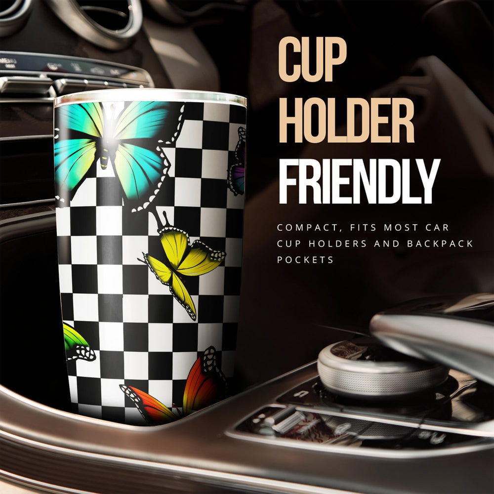 Checkerboard Butterfly Tumbler Stainless Steel Custom Pattern Car Accessories - Gearcarcover - 3