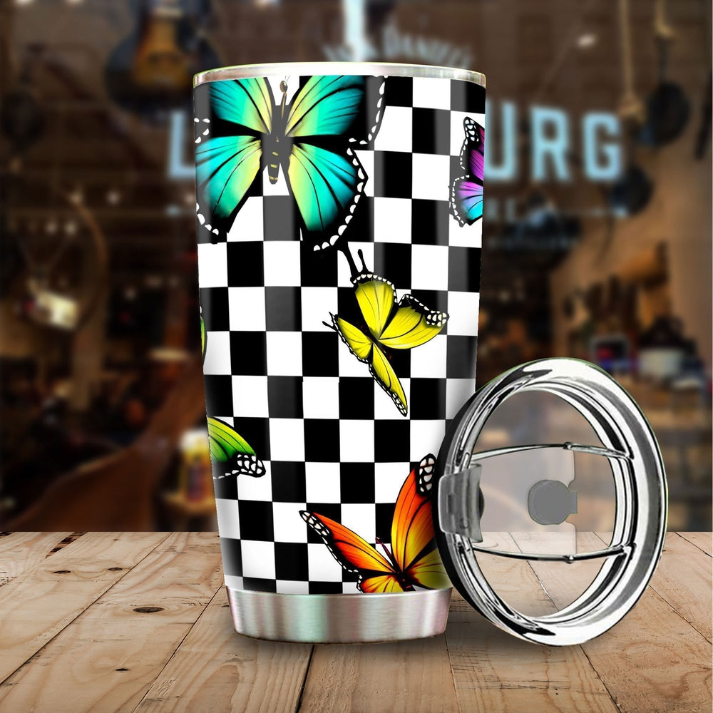 Checkerboard Butterfly Tumbler Stainless Steel Custom Pattern Car Accessories - Gearcarcover - 1