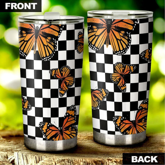 Checkerboard Butterfly Tumbler Stainless Steel Custom Pattern - Gearcarcover - 2