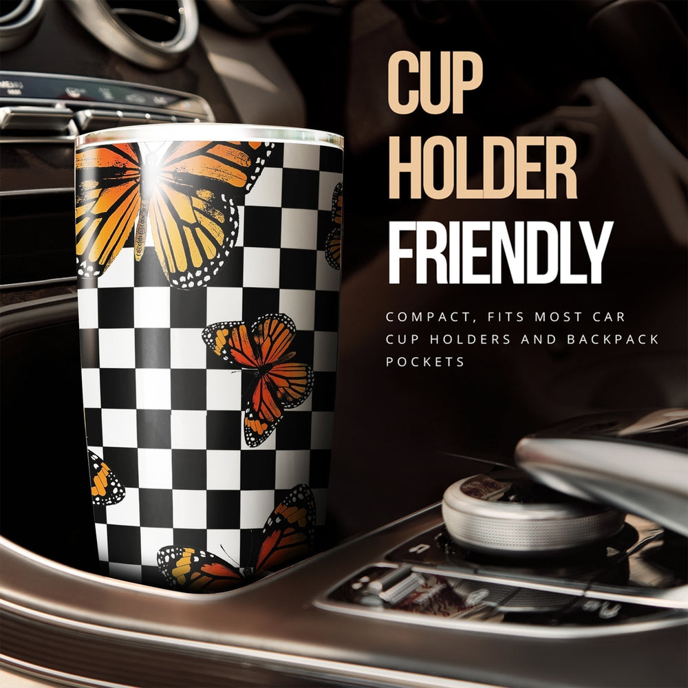 Checkerboard Butterfly Tumbler Stainless Steel Custom Pattern - Gearcarcover - 3