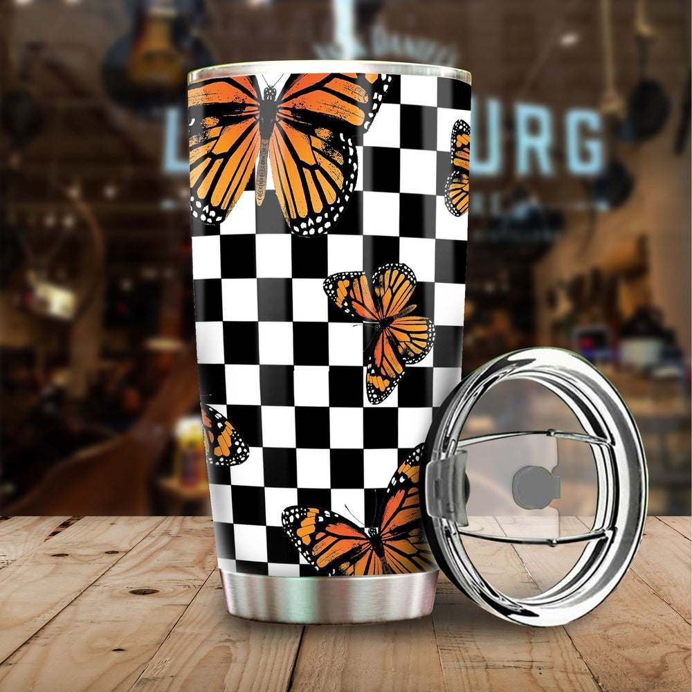 Checkerboard Butterfly Tumbler Stainless Steel Custom Pattern - Gearcarcover - 1