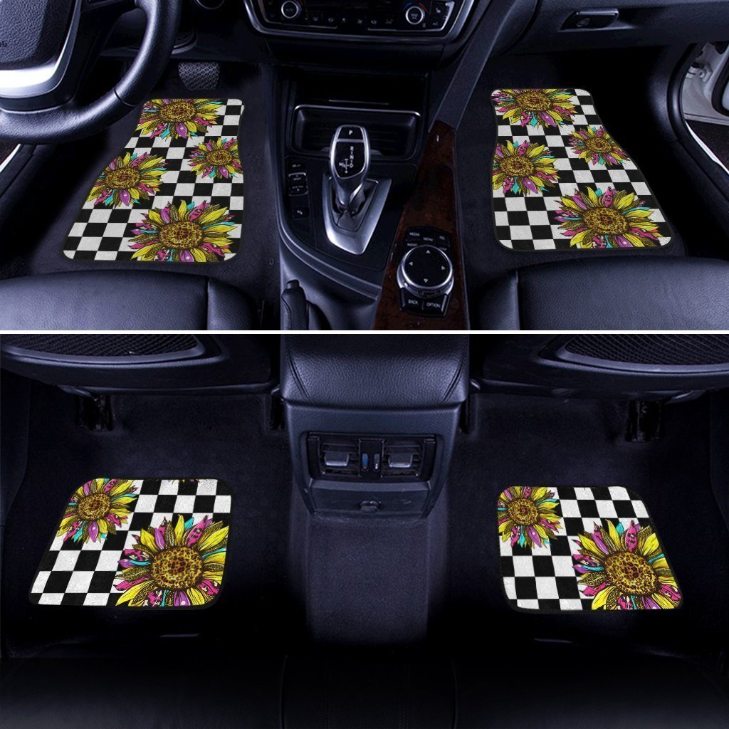 Checkerboard Sunflower Car Floor Mats Custom Leopard Car Accessories - Gearcarcover - 3