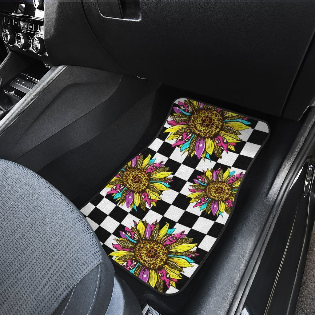 Checkerboard Sunflower Car Floor Mats Custom Leopard Car Accessories - Gearcarcover - 5