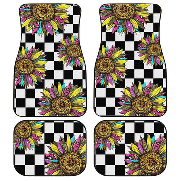 Checkerboard Sunflower Car Floor Mats Custom Leopard Car Accessories - Gearcarcover - 1