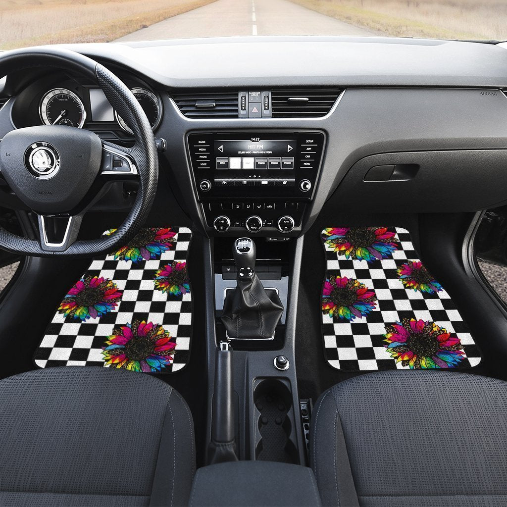 Checkerboard Sunflower Car Floor Mats Custom Leopard Car Interior Accessories - Gearcarcover - 4