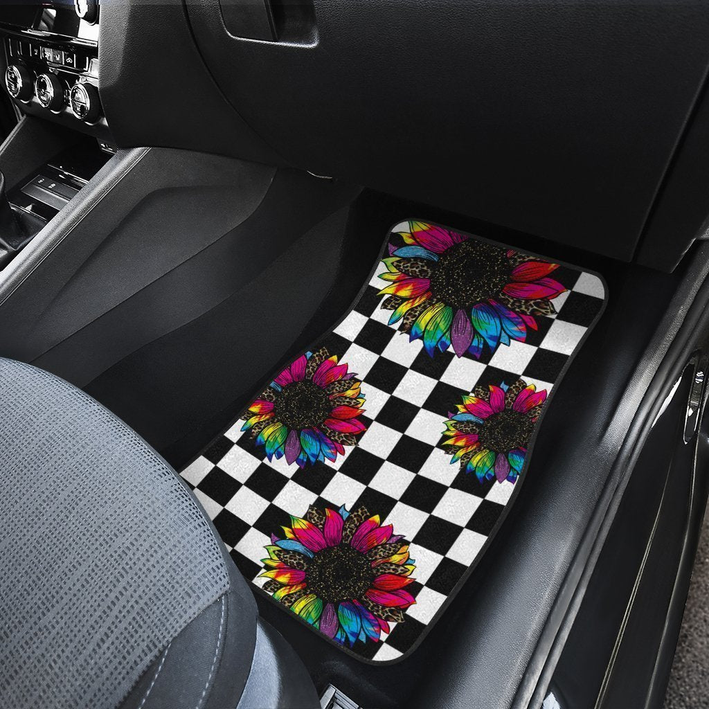 Checkerboard Sunflower Car Floor Mats Custom Leopard Car Interior Accessories - Gearcarcover - 5