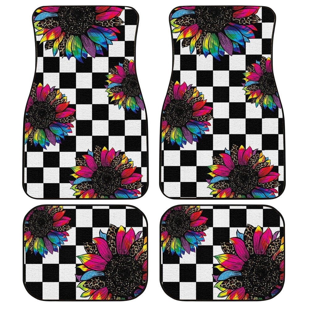 Checkerboard Sunflower Car Floor Mats Custom Leopard Car Interior Accessories - Gearcarcover - 1