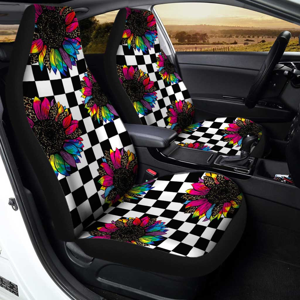 Checkerboard Sunflower Car Seat Covers Custom Leopard Car Accessories - Gearcarcover - 2