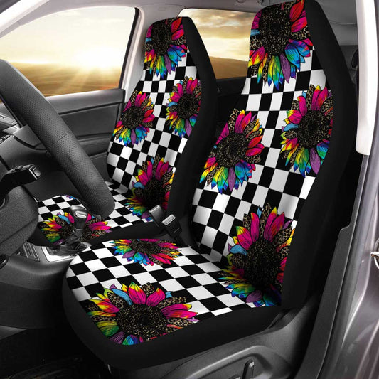 Checkerboard Sunflower Car Seat Covers Custom Leopard Car Accessories - Gearcarcover - 1