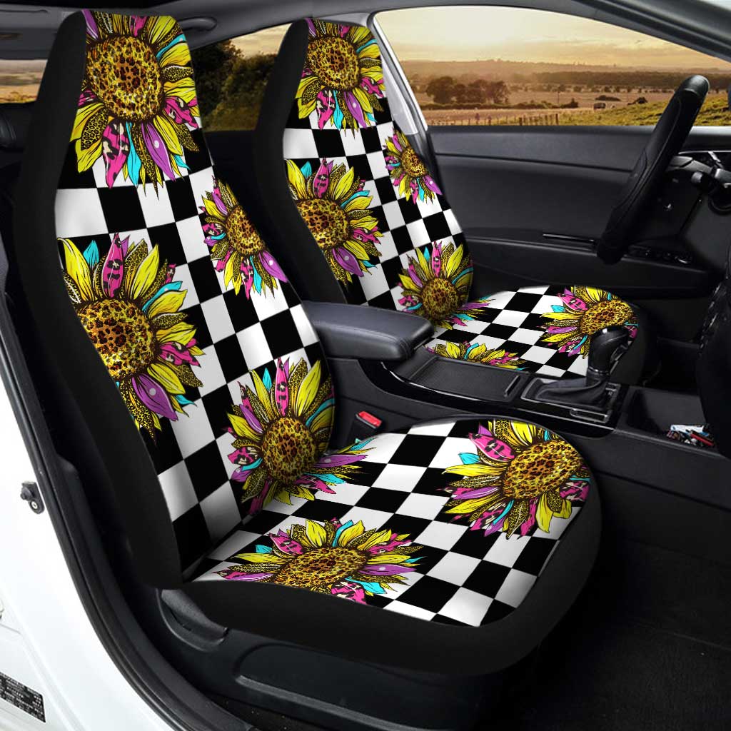 Checkerboard Sunflower Car Seat Covers Custom Leopard Car Interior Accessories - Gearcarcover - 2