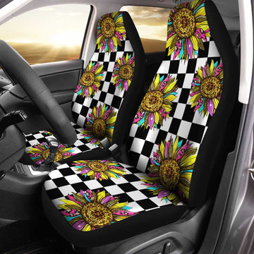 Checkerboard Sunflower Car Seat Covers Custom Leopard Car Interior Accessories - Gearcarcover - 1