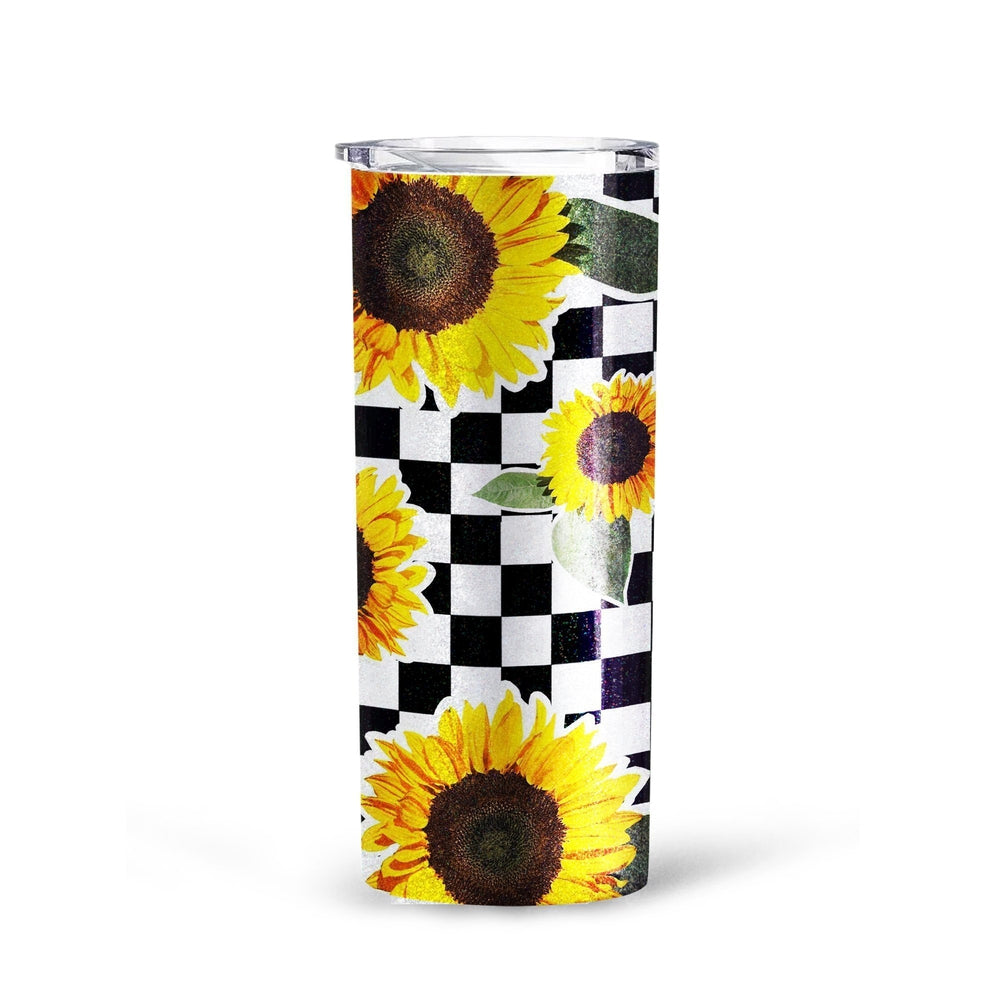 Checkerboard Sunflower Tall Glitter Tumbler Custom - Gearcarcover - 3