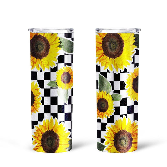 Checkerboard Sunflower Tall Glitter Tumbler Custom - Gearcarcover - 2