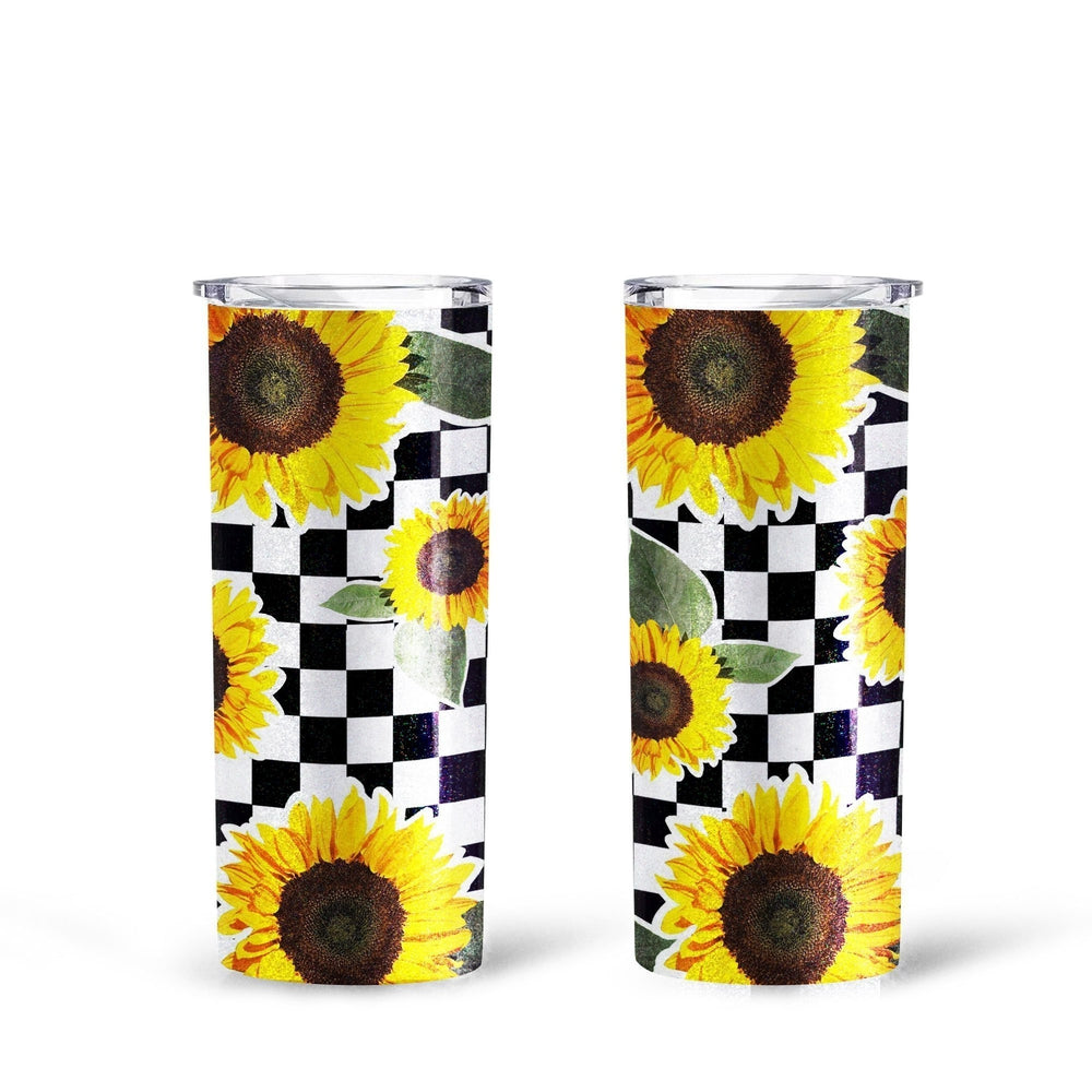 Checkerboard Sunflower Tall Glitter Tumbler Custom - Gearcarcover - 1
