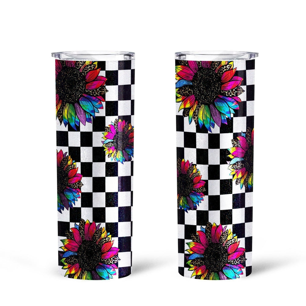 Checkerboard Sunflower Tall Glitter Tumbler Custom Leopard Pattern - Gearcarcover - 2