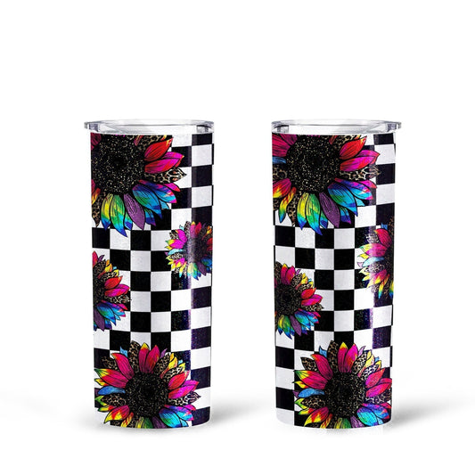 Checkerboard Sunflower Tall Glitter Tumbler Custom Leopard Pattern - Gearcarcover - 1