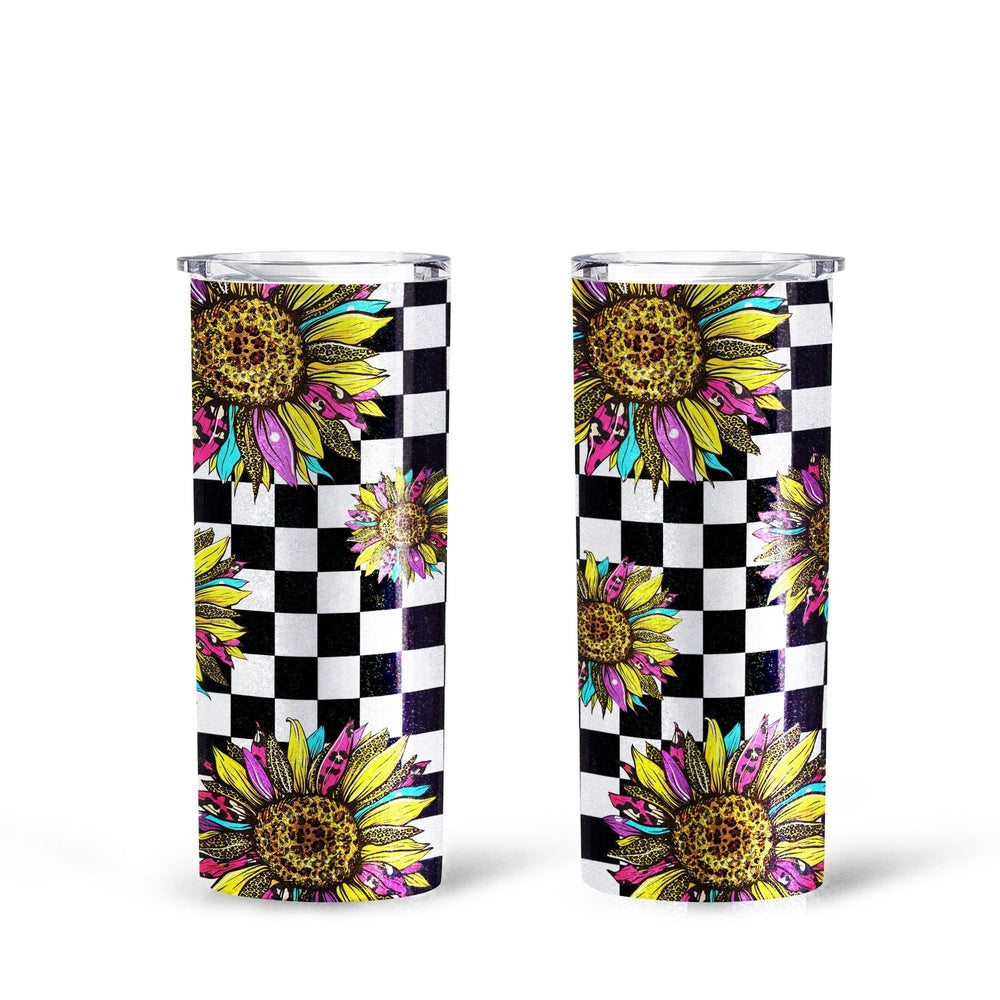 Checkerboard Sunflower Tall Glitter Tumbler Custom Leopard Skin - Gearcarcover - 1