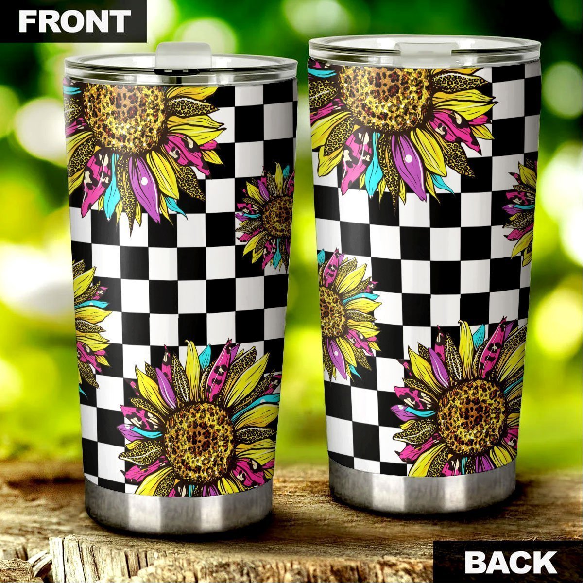 Checkerboard Sunflower Tumbler Stainless Steel Custom Car Accessories - Gearcarcover - 2