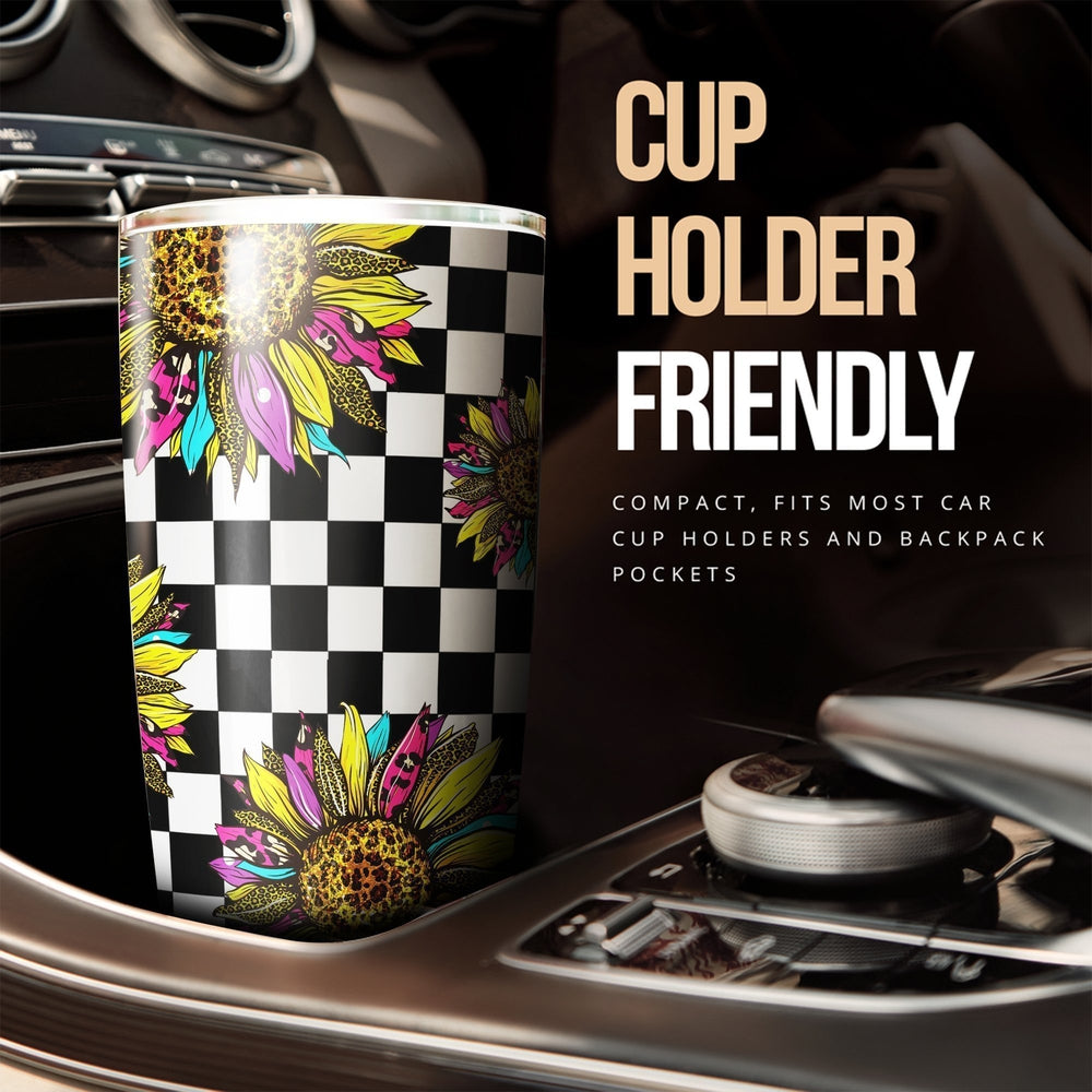 Checkerboard Sunflower Tumbler Stainless Steel Custom Car Accessories - Gearcarcover - 3