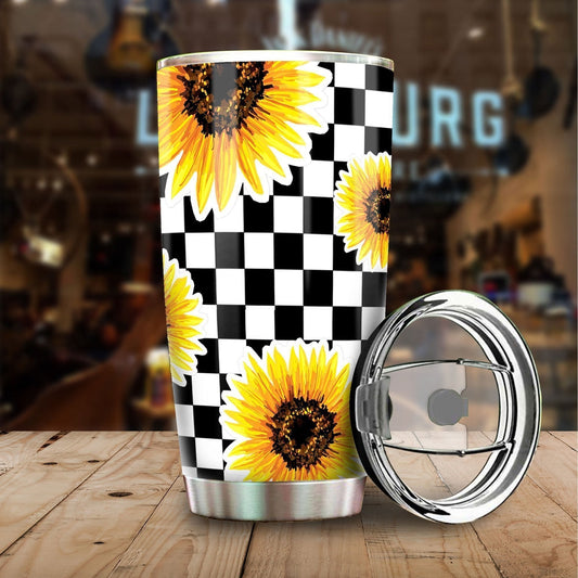 Checkerboard Sunflower Tumbler Stainless Steel Custom Car Accessories - Gearcarcover - 1