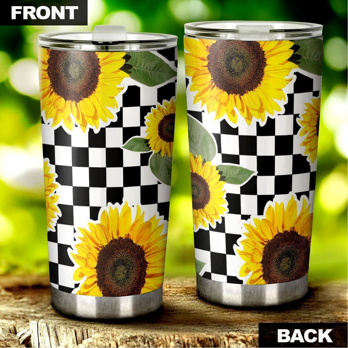 Checkerboard Sunflower Tumbler Stainless Steel Custom - Gearcarcover - 2