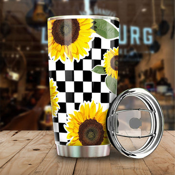 Checkerboard Sunflower Tumbler Stainless Steel Custom - Gearcarcover - 1