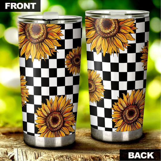 Checkerboard Sunflower Tumbler Stainless Steel Custom Interior - Gearcarcover - 2