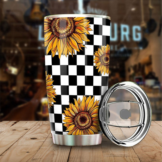 Checkerboard Sunflower Tumbler Stainless Steel Custom Interior - Gearcarcover - 1