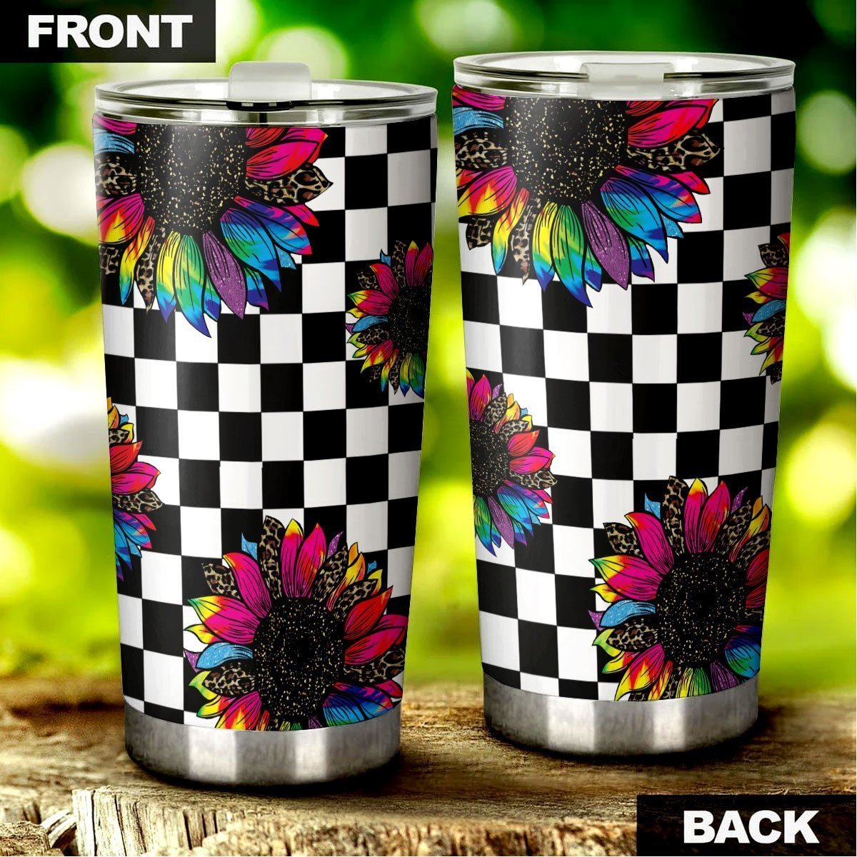 Checkerboard Sunflower Tumbler Stainless Steel Custom Leopard - Gearcarcover - 2