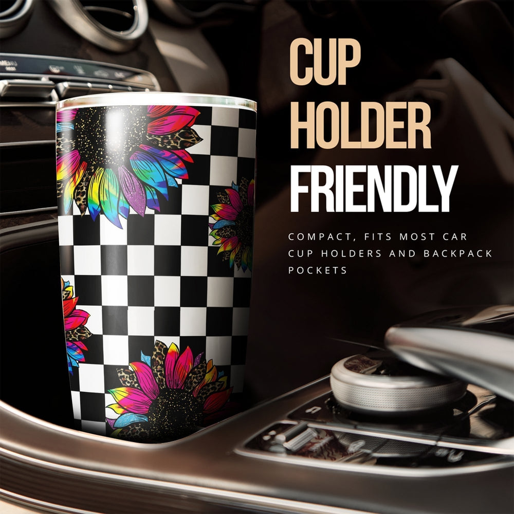 Checkerboard Sunflower Tumbler Stainless Steel Custom Leopard - Gearcarcover - 3