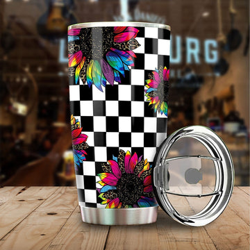 Checkerboard Sunflower Tumbler Stainless Steel Custom Leopard - Gearcarcover - 1