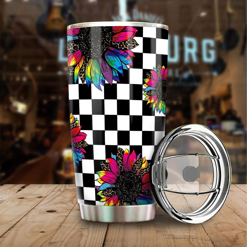 Checkerboard Sunflower Tumbler Stainless Steel Custom Leopard - Gearcarcover - 1