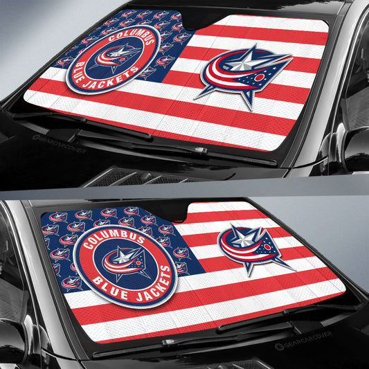 Columbus Blue Jackets Car Sunshade Custom US Flag Style - Gearcarcover - 2