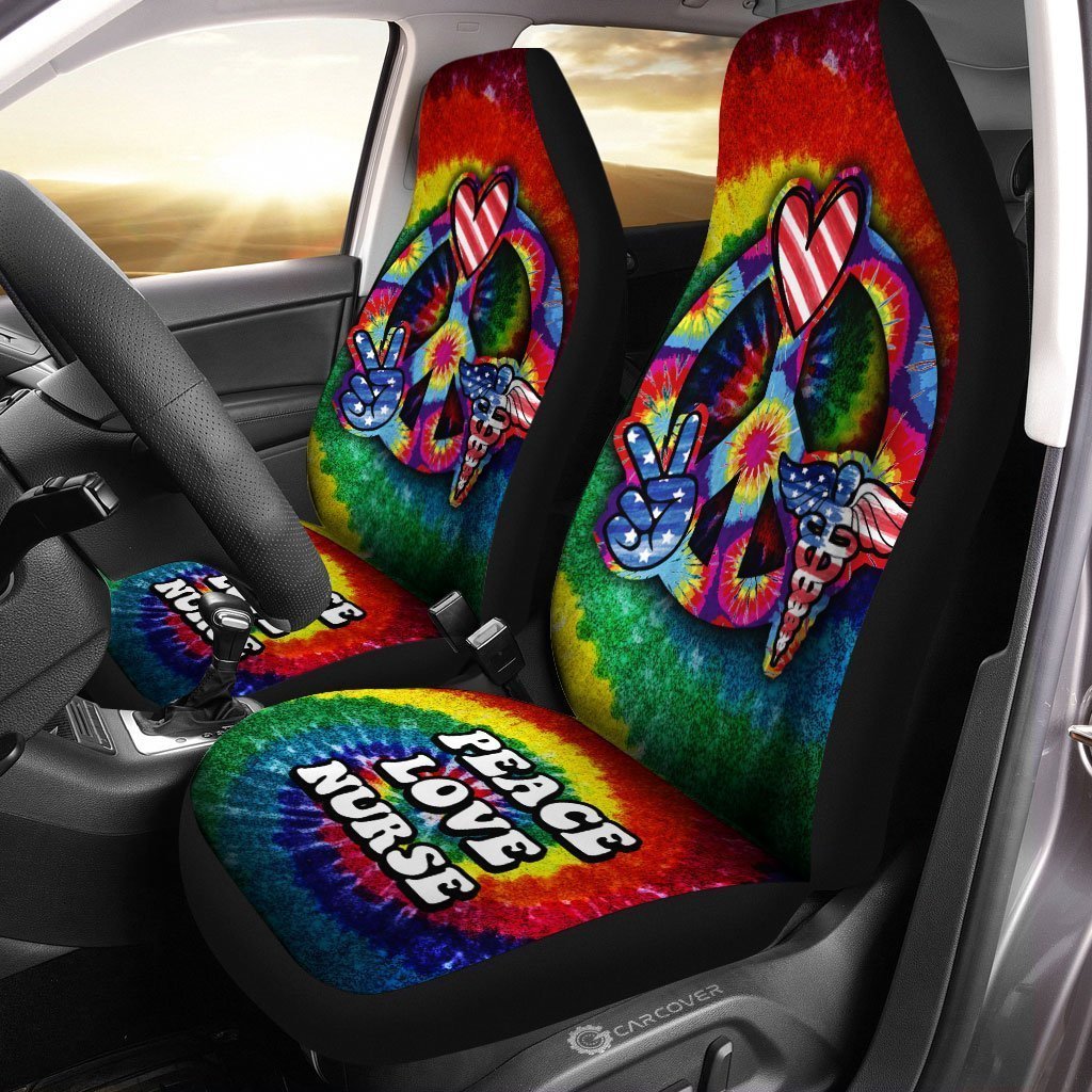 Hippie Tie Dye Car Seat Covers Custom Peace Love Nurse US Flag Car Accessories Beautiful For Nurse - Gearcarcover - 1