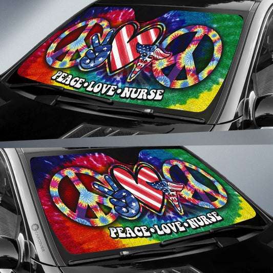 Hippie Tie Dye Car Sunshade Custom Peace Love Nurse US Flag Car Accessories Beautiful For Nurse - Gearcarcover - 2