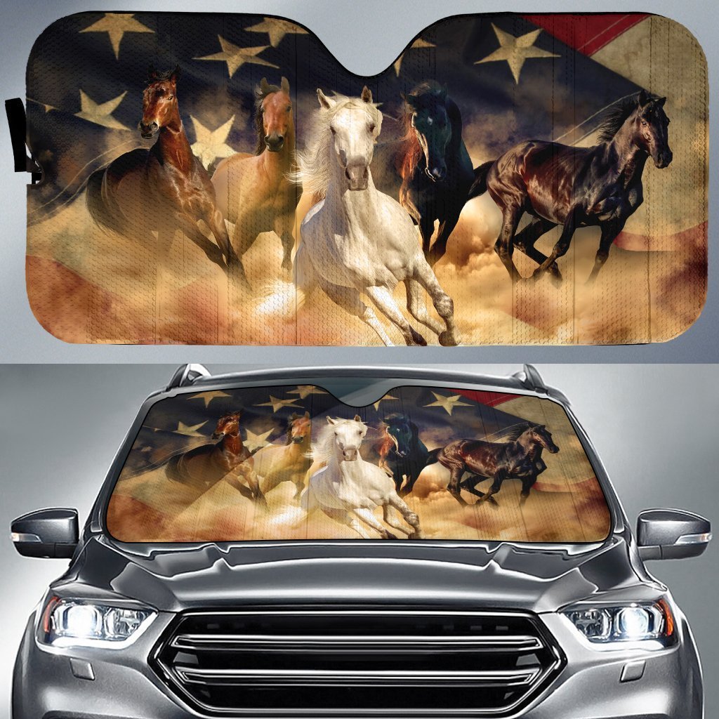 Horse Car Sunshade Custom Us Flag Car Accessories For Horse Lover - Gearcarcover - 1