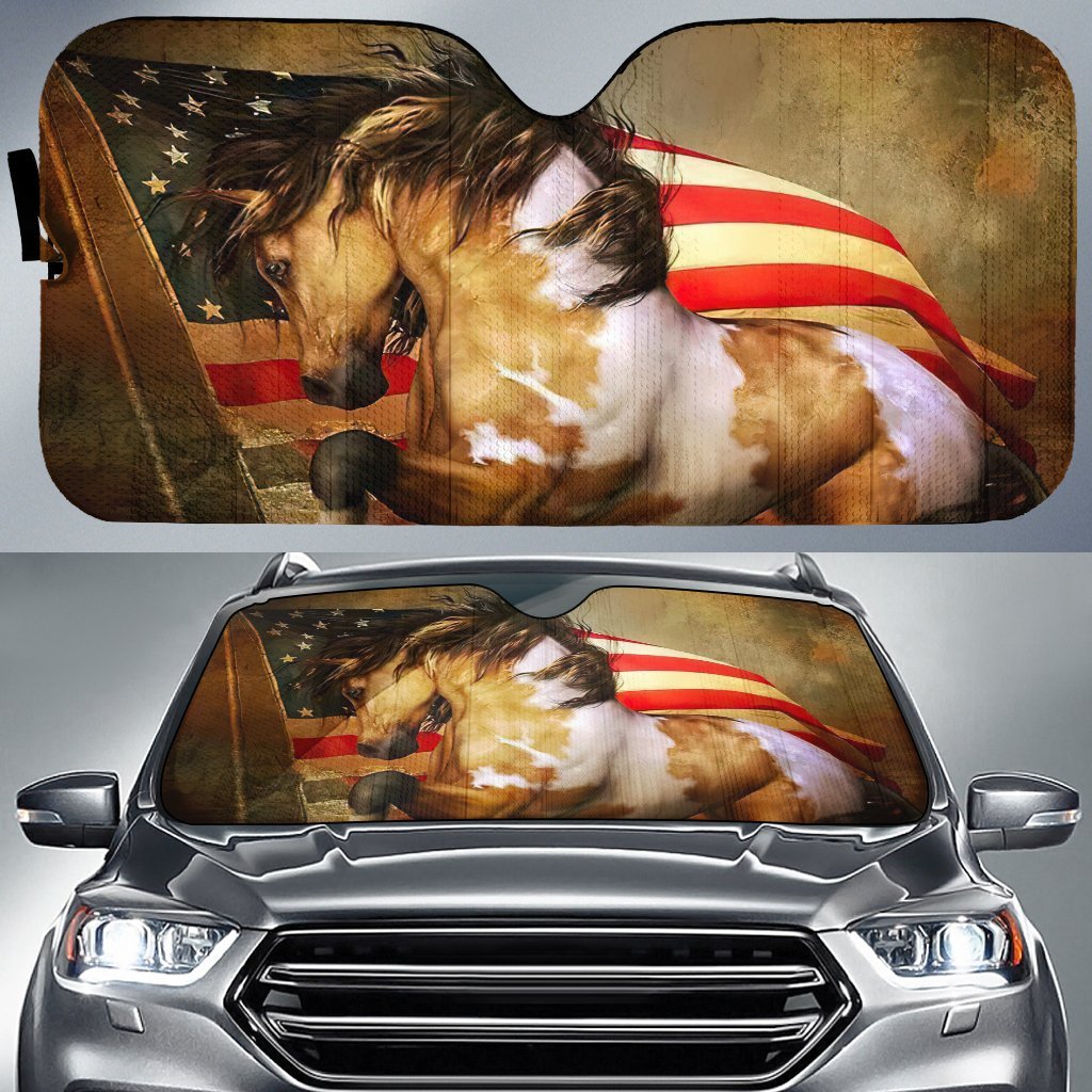 Horse Car Sunshade Custom Vintage American Flag Car Accessories - Gearcarcover - 1