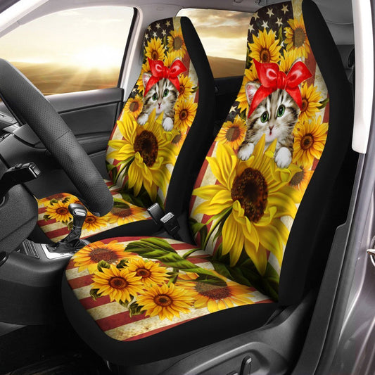 Kitty Cat Car Seat Covers Custom Sunflower US Flag Car Accessories - Gearcarcover - 1