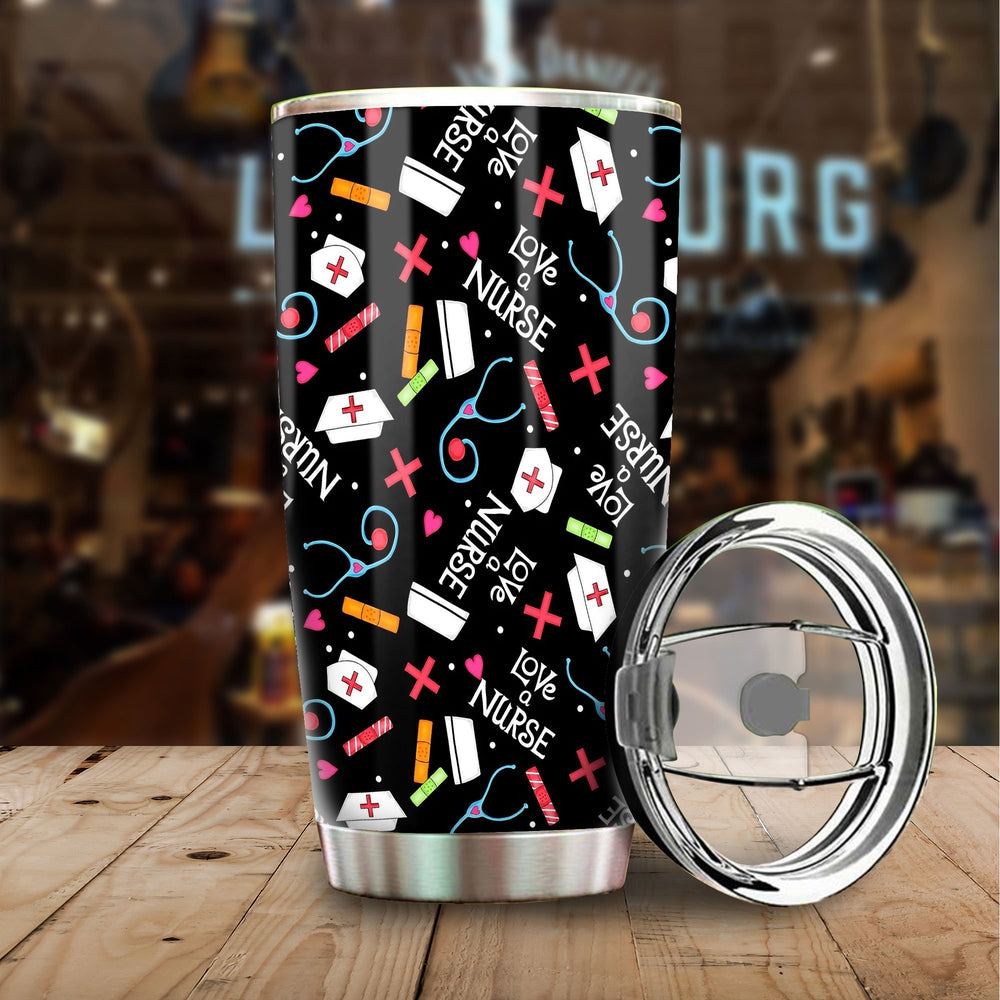 Love Nurse Tumbler Cup Custom Black Pattern Nurse Car Accessories - Gearcarcover - 1