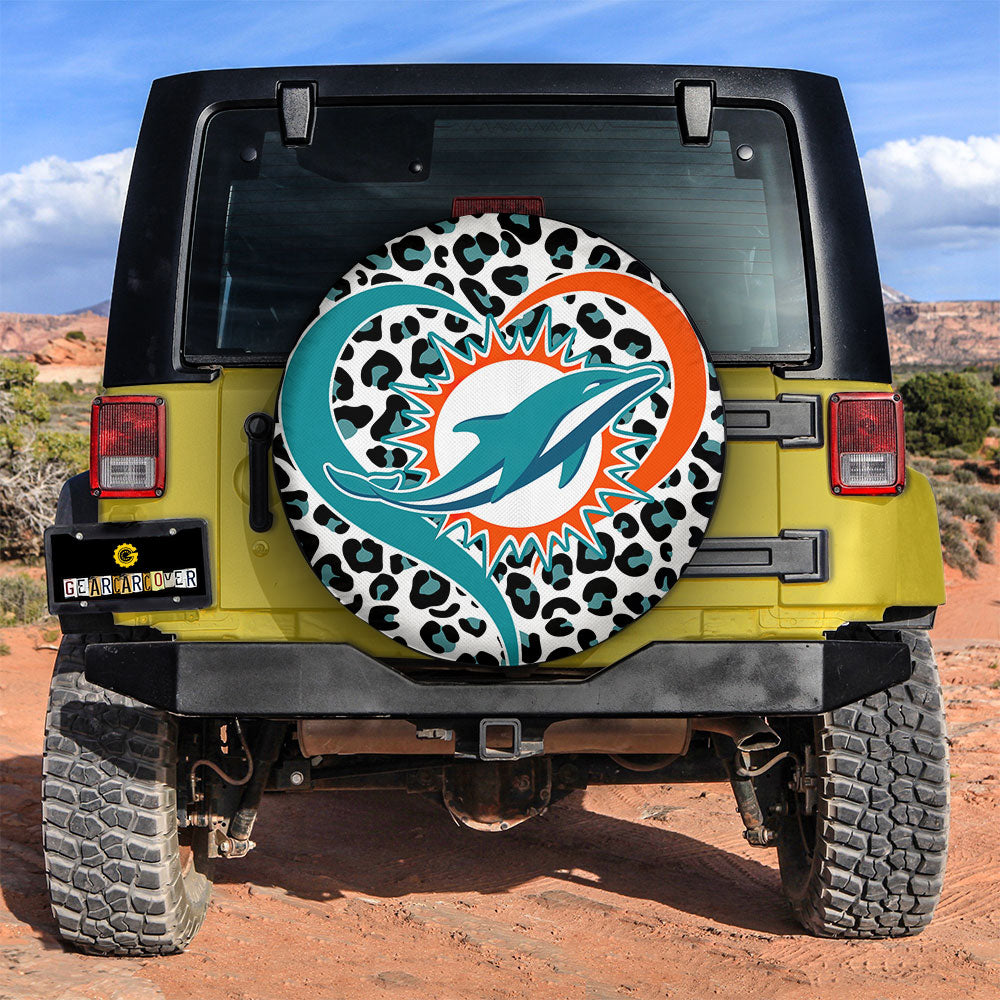 Miami Dolphins Spare Tire Cover Custom Leopard Heart For Fans - Gearcarcover - 2