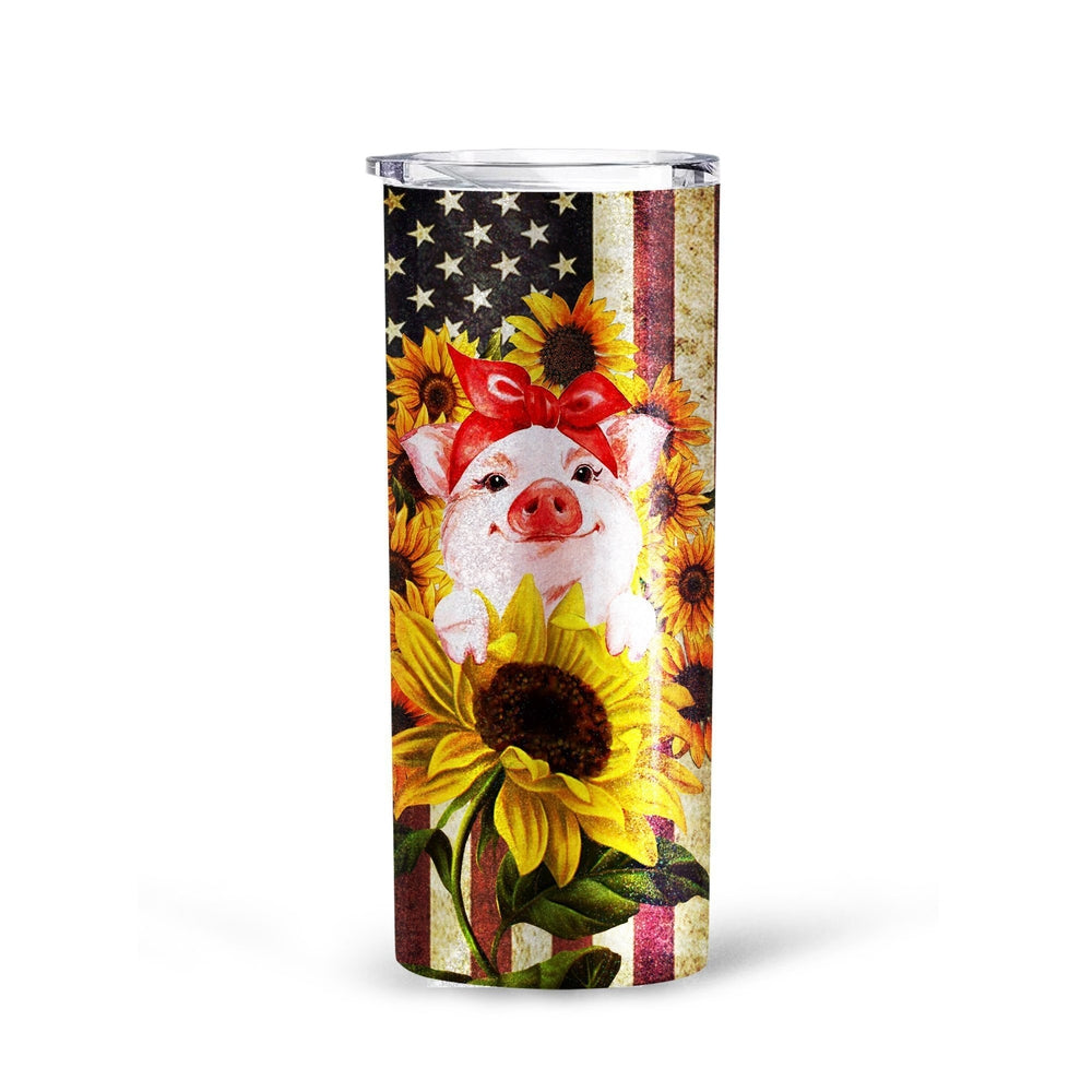 Pig Sunflower Tall Glitter Tumbler Custom American Flag - Gearcarcover - 3