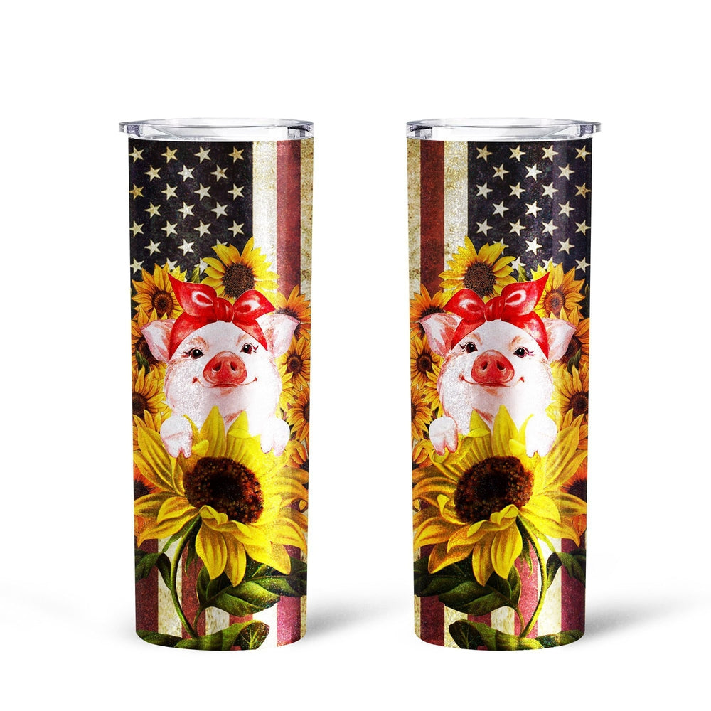 Pig Sunflower Tall Glitter Tumbler Custom American Flag - Gearcarcover - 2