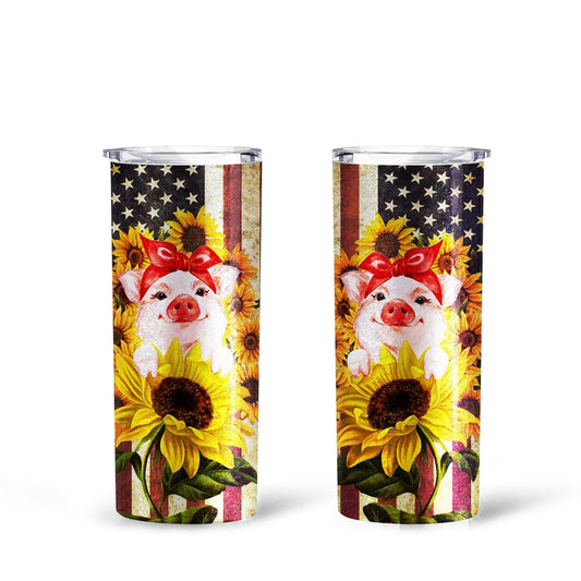 Pig Sunflower Tall Glitter Tumbler Custom American Flag - Gearcarcover - 1