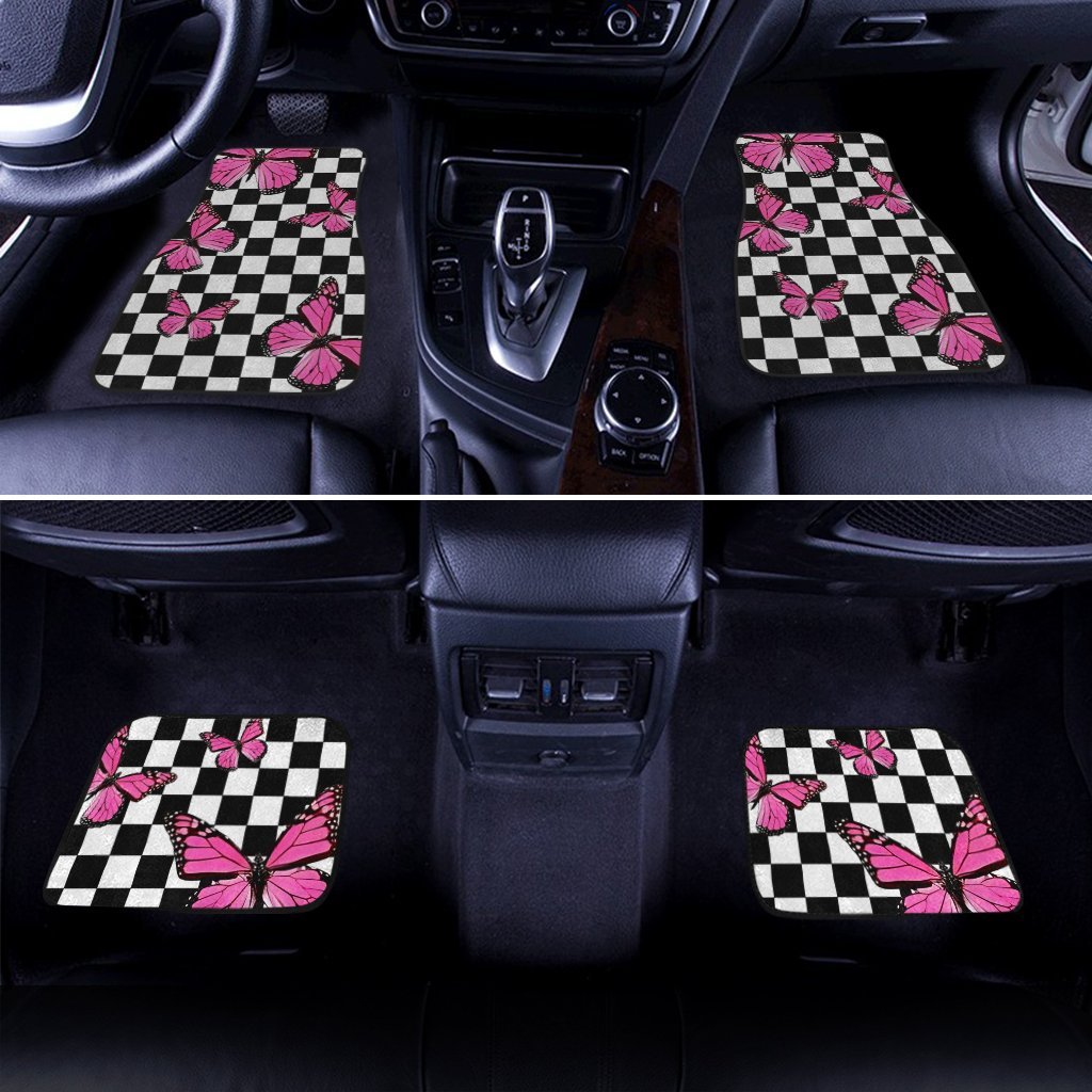 Pink Butterfly Car Floor Mats Custom Checkerboard Car Accessories - Gearcarcover - 3