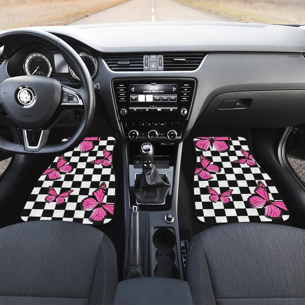 Pink Butterfly Car Floor Mats Custom Checkerboard Car Accessories - Gearcarcover - 4