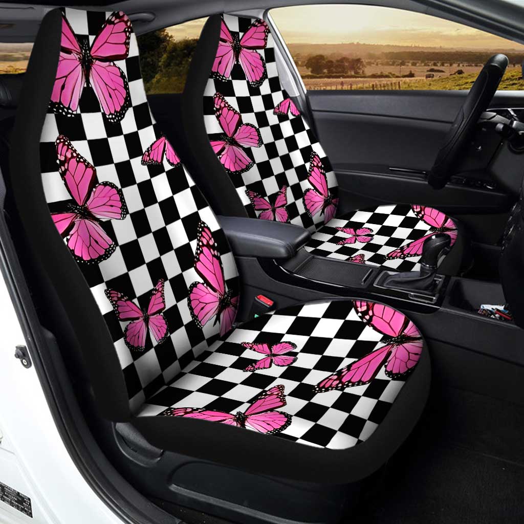 Pink Butterfly Car Seat Covers Custom Checkerboard Car Accessories - Gearcarcover - 2