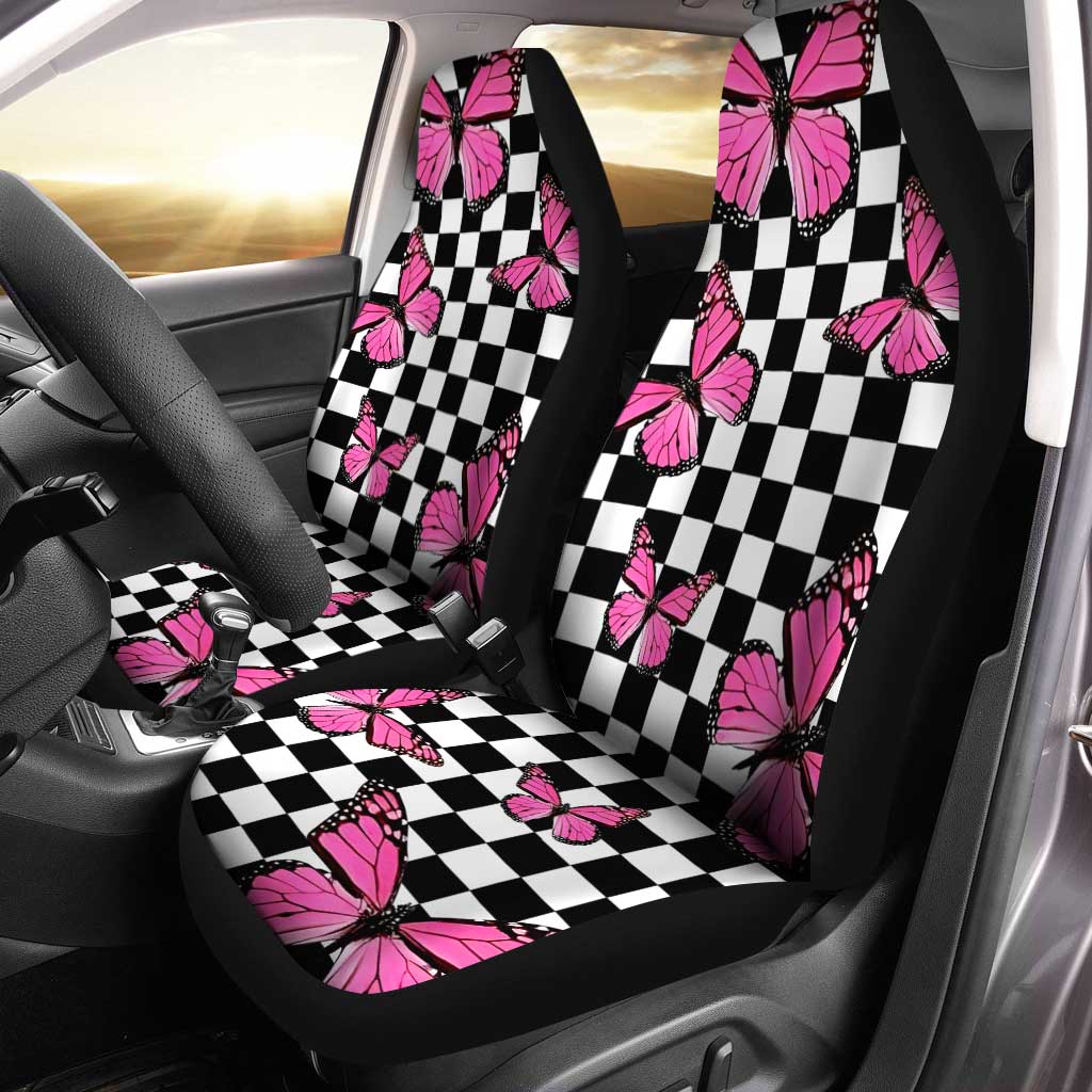 Pink Butterfly Car Seat Covers Custom Checkerboard Car Accessories - Gearcarcover - 1