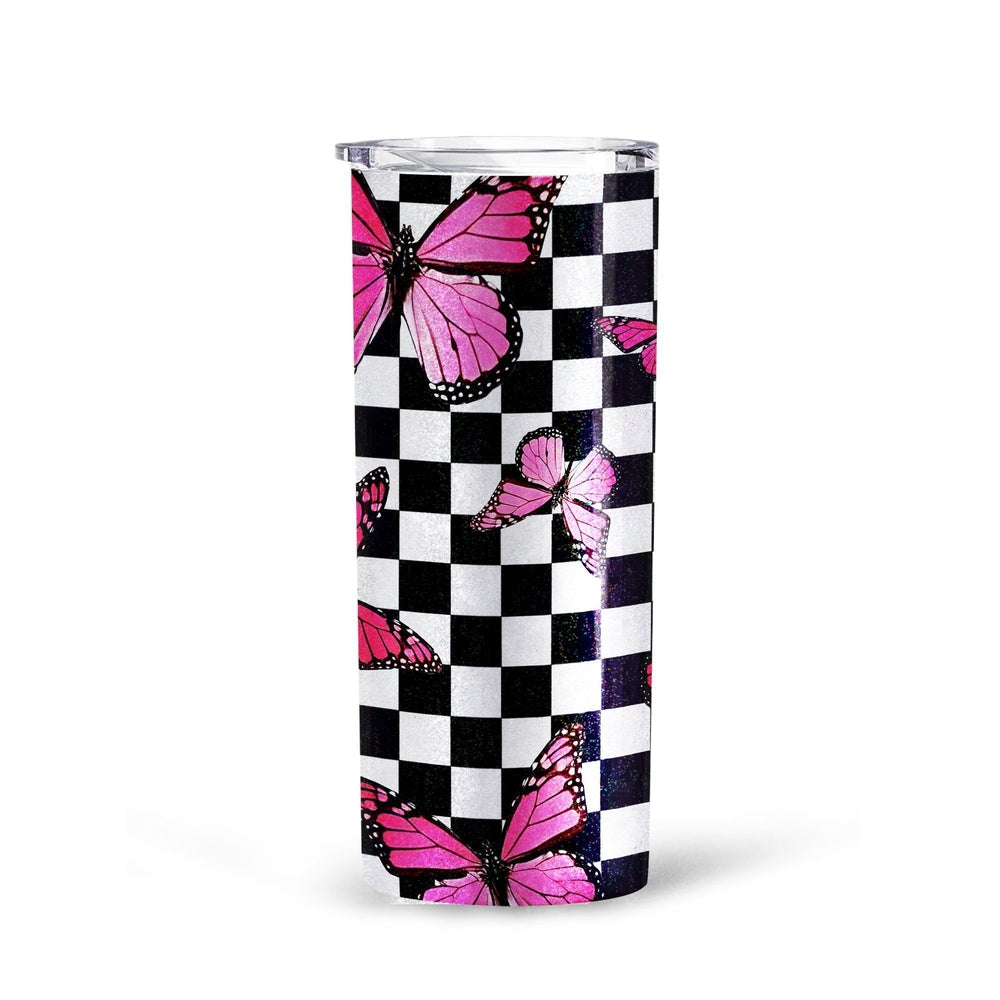 Pink Butterfly Tall Glitter Tumbler Custom Checkerboard Pattern - Gearcarcover - 3