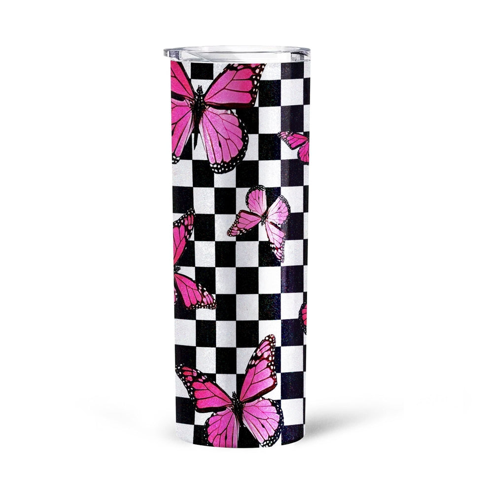 Pink Butterfly Tall Glitter Tumbler Custom Checkerboard Pattern - Gearcarcover - 4